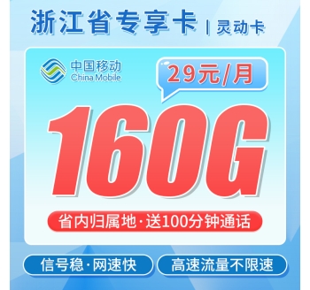 移动灵动卡29元160G+100分钟